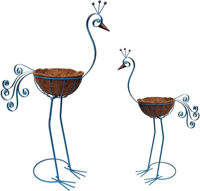 Metal Peacock Planter with Fiber Basket -Garden Bird Planters - Image 9