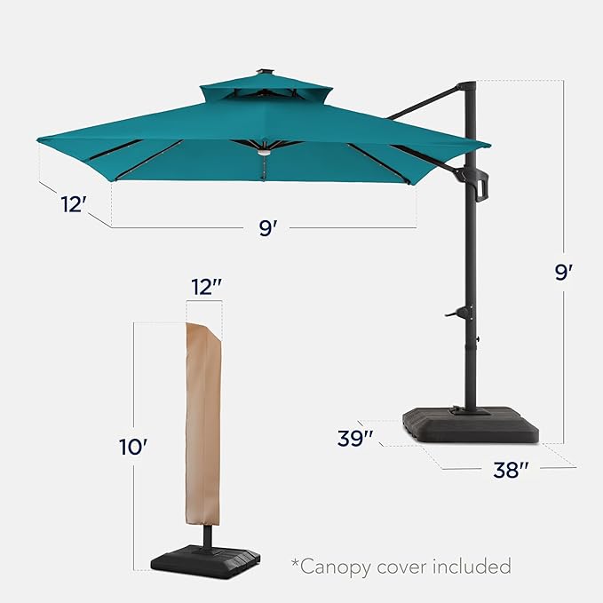 Best Choice Products 9x12ft LED Cantilever Patio Umbrella w/Base Included & - Image 2