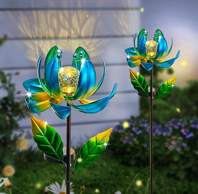 Solar Yard Lights Wind Spinners- Metal Lotus Flower Garden Decor LED Crackle - Image 7