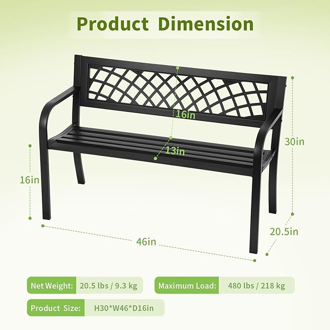 Garden Bench, Outdoor Benches, Iron Steel Frame Patio Bench - Image 3