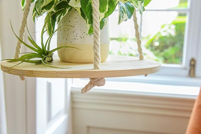 Dahey Hanging Plant Shelf Round Wood Rope Hanging Floating Shelf Boho Home - Image 4
