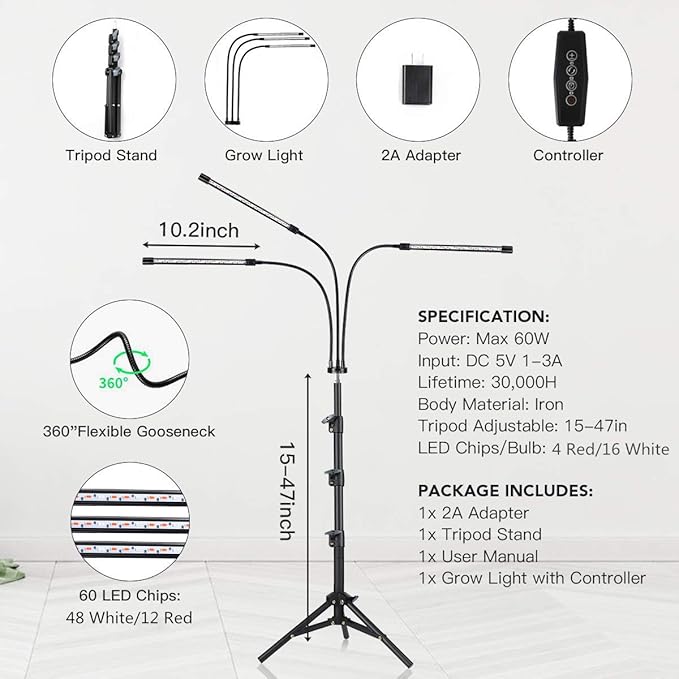 GHodec Grow Light with Stand, 60 LED 5500K Full Spectrum Floor Plant Light - Image 6