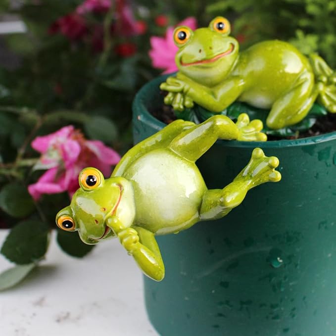 Set of 2 Funny Frog Statues Outdoor Flower Pot Hugger, Resin Hanging Frog - Image 7