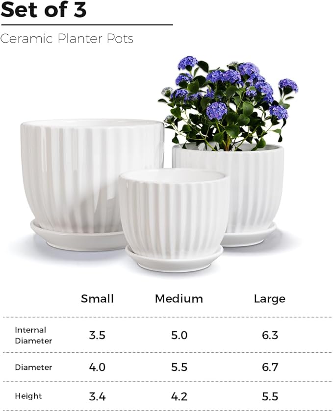 Ton Sin White Plant Pots Set of 3, Indoor Ceramic Flower Pot - Image 2