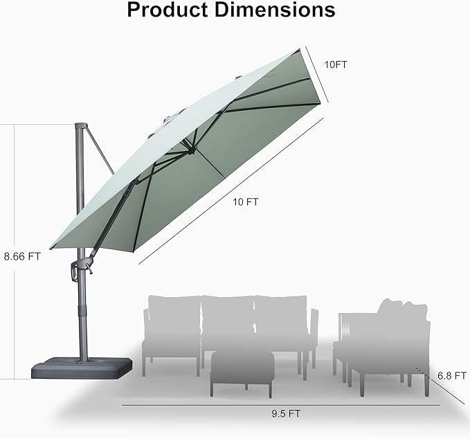 PURPLE LEAF Patio Umbrella 10' X 10' Rectangle Cantilever Umbrella Large - Image 9