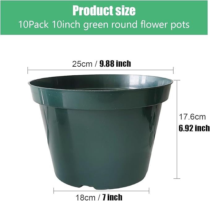 10 Pack Green Plastic Planter Pots, 10 Inch Thick - Image 2