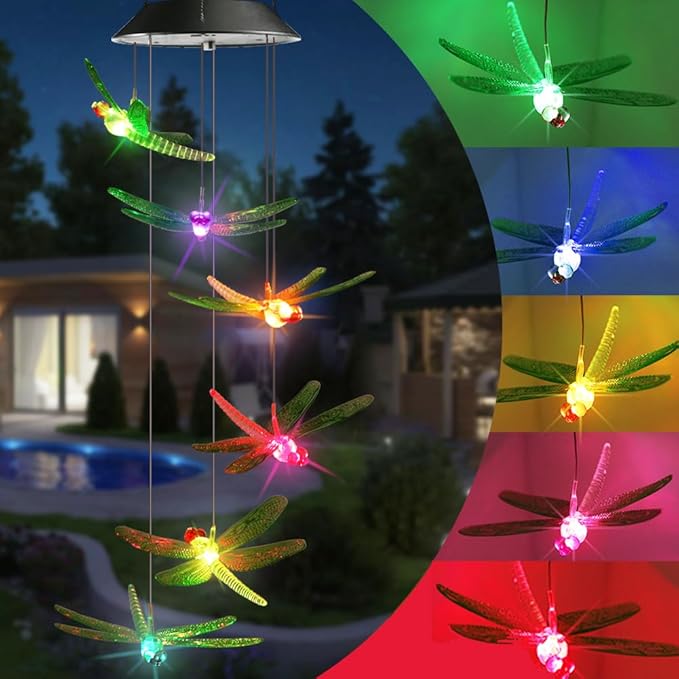 Toodour Solar Wind Chimes Outdoor, Color Changing Solar Lights Dragonfly by Toodour