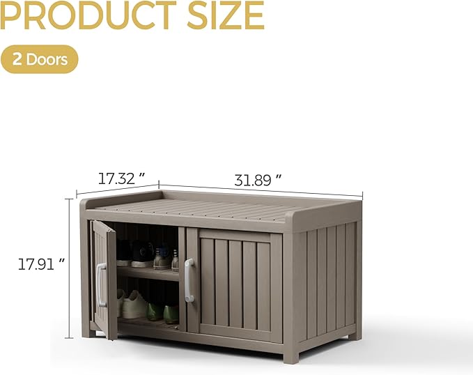 Storage Bench - 2 Doors Waterproof Resin Shoe Bench - Indoor & Outdoor Use - Image 3