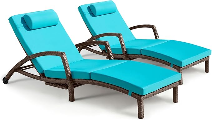 Chaise Lounge Chairs Outdoor Set of 2, Comfy Outside Wicker Patio Pool Lounge by ZZWHOM