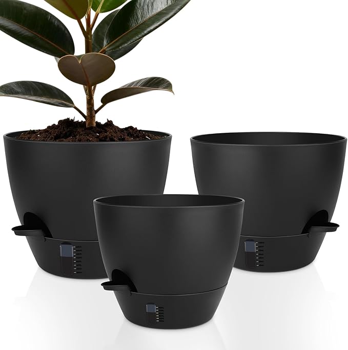 Self-Watering Plant Pots with Water Level Indicator, Drainage Holes & Saucers – by QRRICA