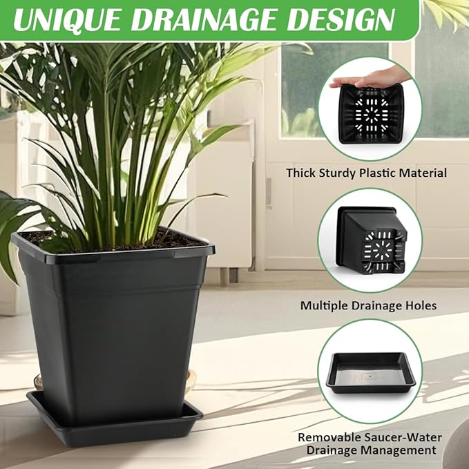 BTPLASTIK Plant Pots 10 Inch Set of 5, Large Square Plastic Planter - Image 2