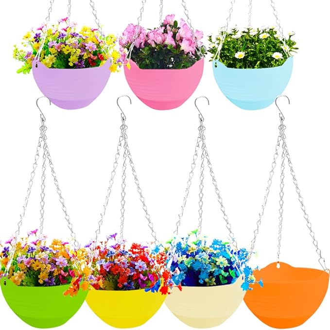 7 Pack 8 Inch Plastic Self-Watering Hanging Planters, Colorful Garden Flower by Cshangzei