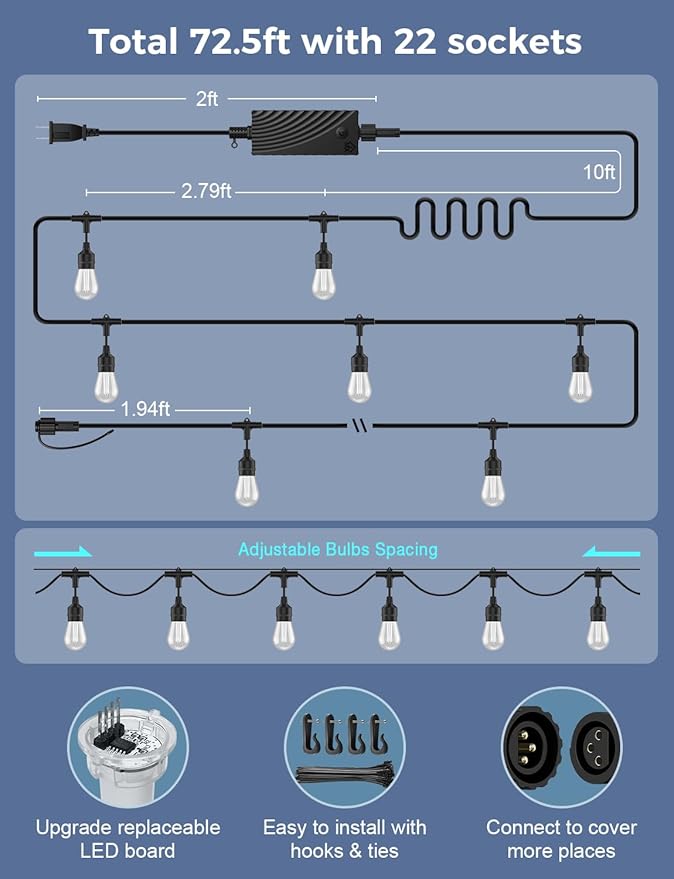 XMCOSY+ Smart Outdoor String Lights, 72.5Ft Patio Lights Waterproof, App Control - Image 7