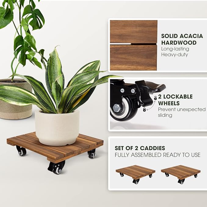 2pack Wood Plant Caddy With Wheels Heavy Duty, 264 Lbs Capacity, Upgraded 12 - Image 2