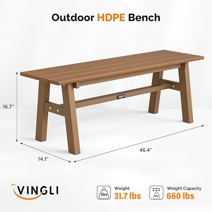 VINGLI 47” Outdoor Bench Garden Bench HDPE Porch Bench w/Metal Legs, Poly - Image 3