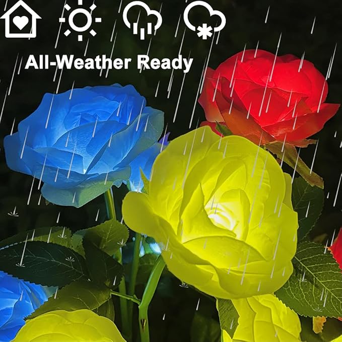 GONIMY Outdoor Realistic Solar Powered Rose Flower Lights Stake, 2 Pack 10 Rose - Image 6
