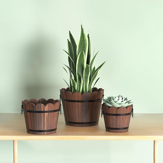 Wooden Bucket Barrel Planters, Rustic Patio Planters Flower Pots - Image 5