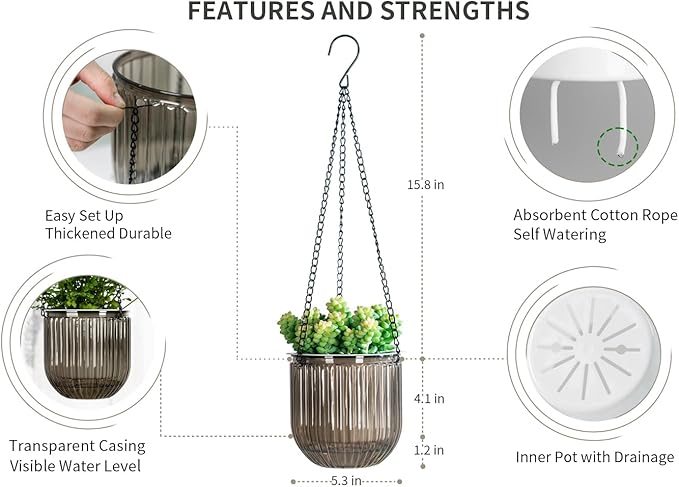 Josteve 5.2 Inch 2 Pcs Self Watering Hanging Planter Indoor Plant Pots Drainage - Image 5