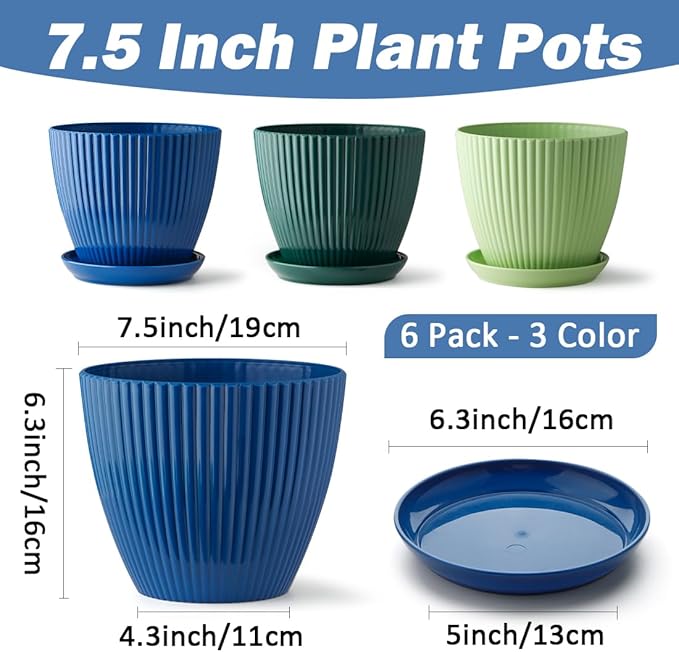 Plastic Plant Pots, 6 Pack 7.5 Inch Flower Pots - Image 2