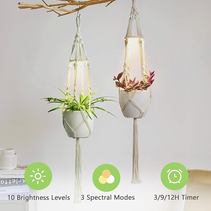 Macrame Plant Hanger with Grow Light: 2 Pack Sturdy Hanging Planters - Image 4