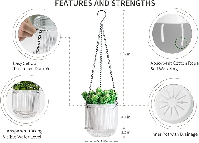 Josteve 5.2 Inch 2 Pcs Self Watering Hanging Planter Indoor Plant Pots Drainage - Image 5