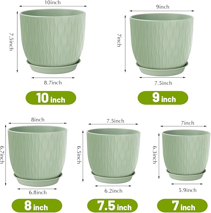 Plastic Plant Pots 10/9/8/7.5/7 inch Set of 5, Flower Planters - Image 2