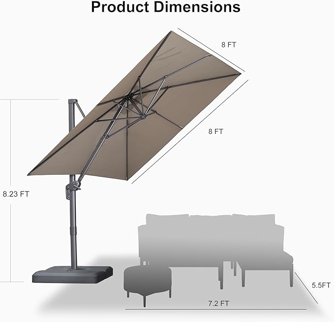 PURPLE LEAF Patio Umbrella 8' X 8' Rectangle Cantilever Umbrella Large Aluminum - Image 9