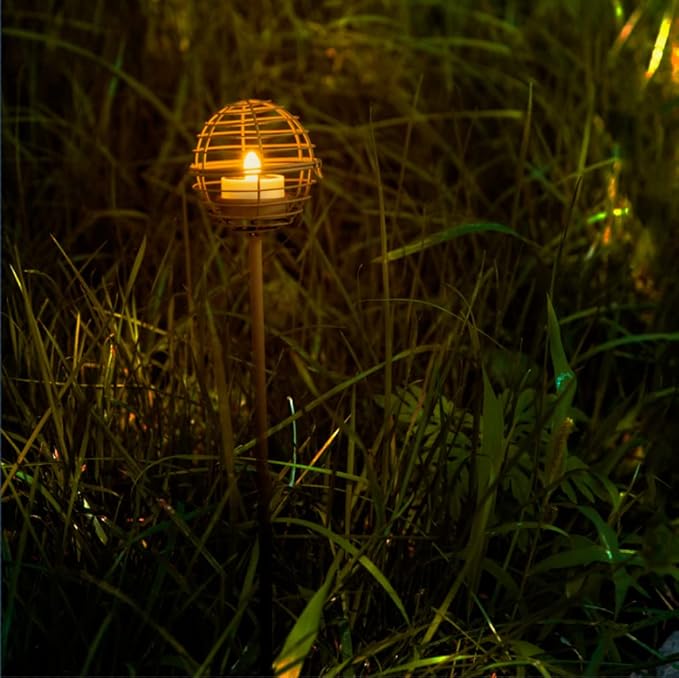 Solar Pathway Lights Outdoor, Rust Iron Ball Candle Holder Stake - Image 2