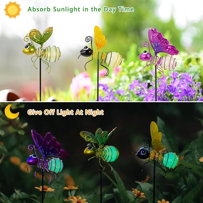 Garden Decor for Outside, Glow in The Dark Bee Lights Metal Yard Art, - Image 4