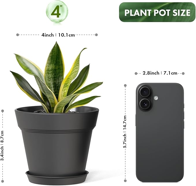 4 Inch Plastic Plant Pots with Drainage Holes and Trays – 8 Pack Small Nursery - Image 3