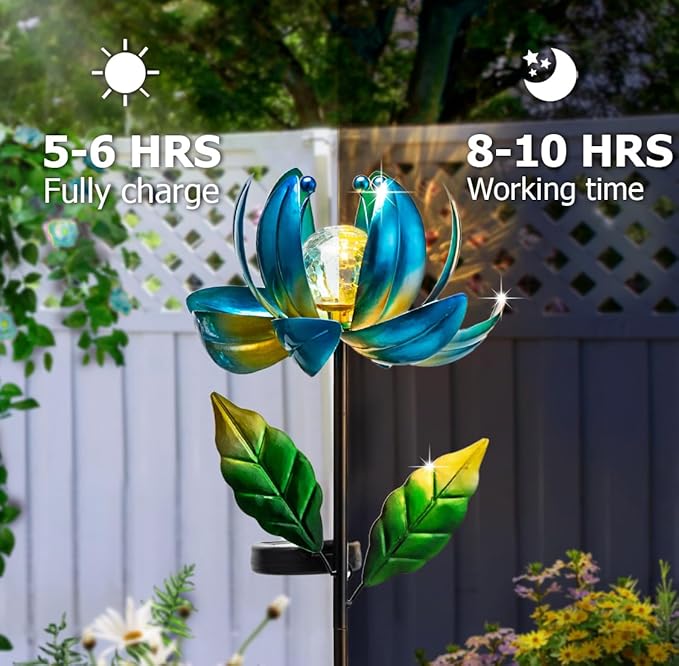 Solar Yard Lights Wind Spinners- Metal Lotus Flower Garden Decor LED Crackle - Image 4