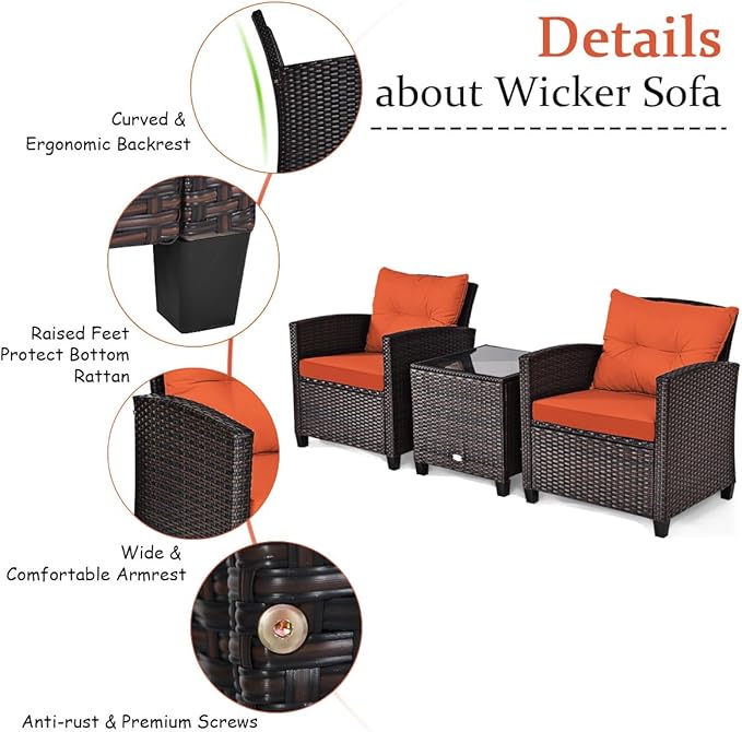 Tangkula 3 Pieces Patio Furniture Set, PE Rattan Wicker 3 Pcs Outdoor Sofa Set - Image 4