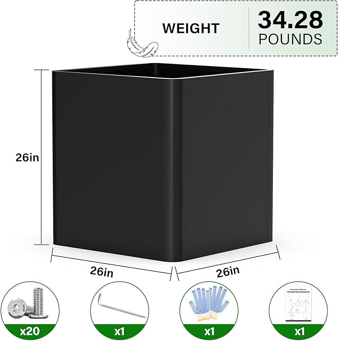 Large Metal Square Planter 26" L x 26" W x 26" H, Heavy Duty Black Large - Image 5