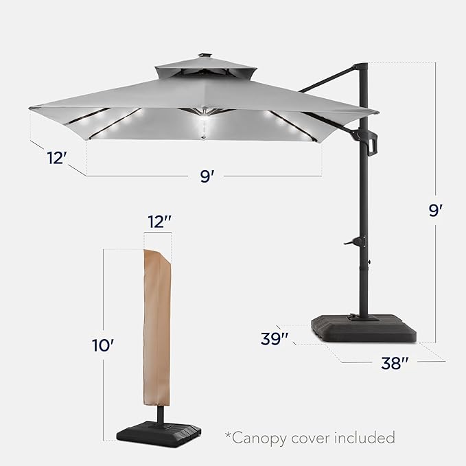 Best Choice Products 9x12ft LED Cantilever Patio Umbrella w/Base Included & - Image 2