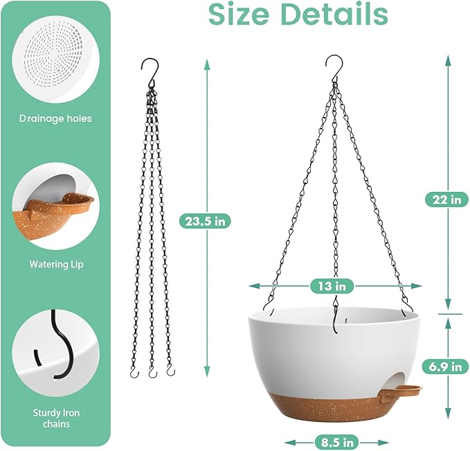 13 Inch 2 Pack Large Self Watering Hanging Planters - Image 5