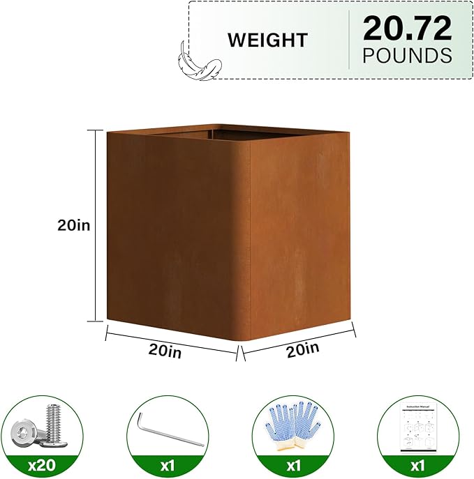 Corten Steel Planter Box 20" L x 20" W x 20" H, Large Metal Square Planter - Image 2