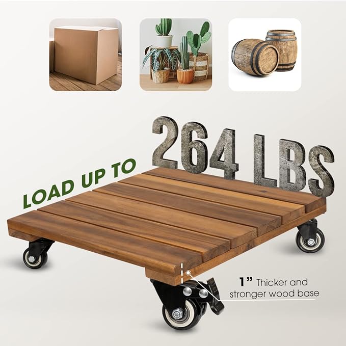 2pack Wood Plant Caddy With Wheels Heavy Duty, 264 Lbs Capacity, Upgraded 12 - Image 4