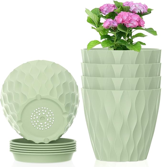 4 inch Small Plastic Nursery Pots, 5 Pack Water Ripples Plant Pots by Meowell