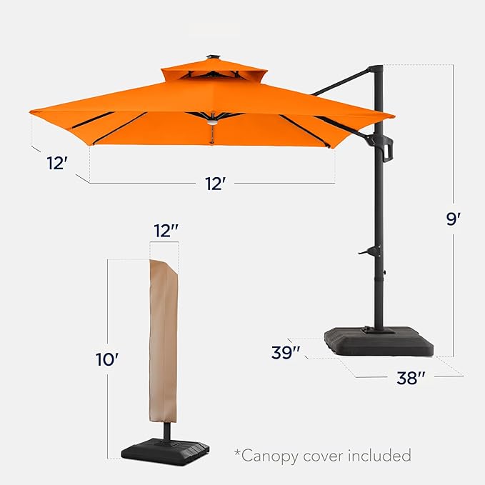Best Choice Products 12x12ft LED Cantilever Patio Umbrella w/Base Included & - Image 2