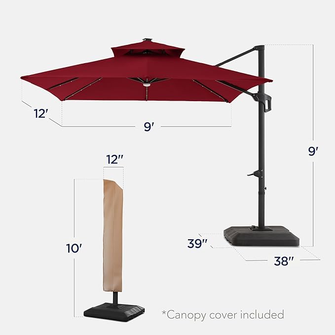 Best Choice Products 9x12ft LED Cantilever Patio Umbrella w/Base Included & - Image 2
