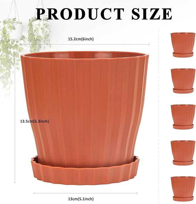 Plastic Flower Pots, 5 Pack 6 inch Indoor Plant Pots Planters - Image 5