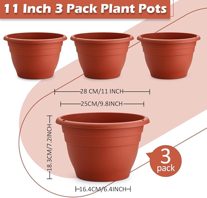 3 Pack 11 Inch Plant Pots with Drainage, Terracotta Plastic Planters - Image 2