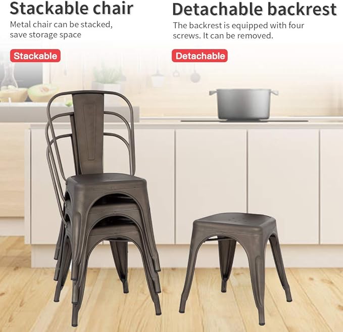 FDW | Set of 4 Metal Dining Chairs | Bronze | Stackable Tolix Side Chairs - Image 7
