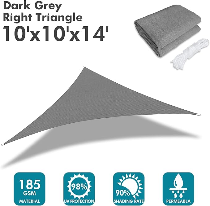KANAGAWA Sun Shade Sail 10'x10'x14' Dark Gray Triangle UV Block Canopy Awning - Image 2