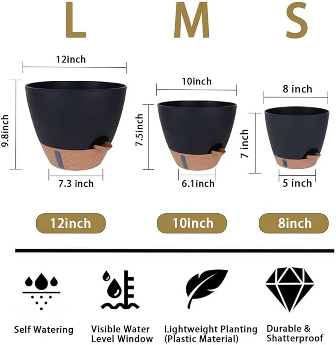 Self-Watering Plant Pots for Indoor Plants: 8/10/12 Inch Large Plastic Planter - Image 2