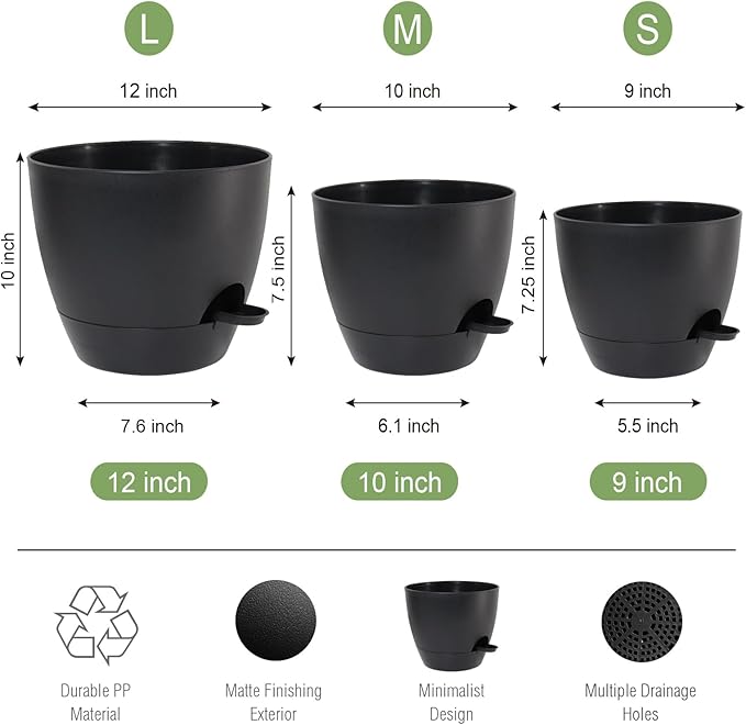 Large Self Watering Pots, 12/10/9 Plastic Planters - Image 2