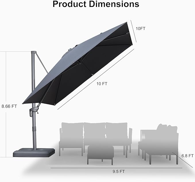 PURPLE LEAF Patio Umbrella 10' X 10' Rectangle Cantilever Umbrella Large - Image 9