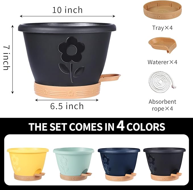 Plant Pots 10 Inch Set of 4, Self Watering Pots - Image 3