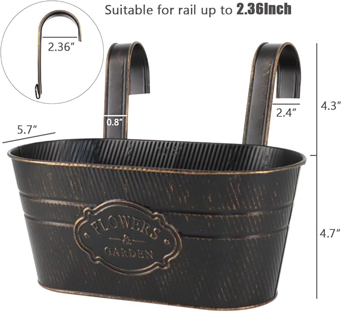 3 Pack Metal Railing Planters, 10.5" Oval Hanging Flower Pots - Image 3