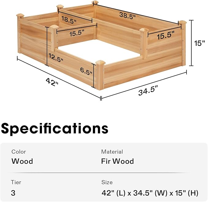 VIVOSUN 3-Tier 3-Grid Wooden Raised Garden Bed, 42.5 x 34.5 x 15 Inches - Image 3